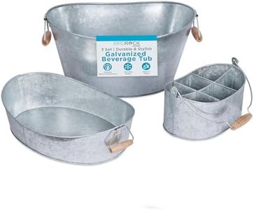 BirdRock Home Galvanized Beverage Tub, Caddy and Tray Set - 3 Piece - Party Tray Platter Drink Holder - Silverware Caddy - Wooden Handles