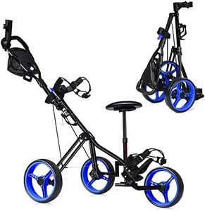 Costway 3-Wheel Folding Golf Push Cart, Multifunctional Push Pull Golf Trolley with Adjustable Handle, Padded Seat, Scoreboard, Cup Holder & Umbrella Holder（Blue）