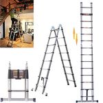 Telescopic Ladder with Stabiliser Bar, 5M/16.5FT Extension Ladder 2.5M+2.5M A-Frame Multi-Purpose Collapsible Ladder, Anti-Slip Loft Ladder Portable Folding Ladder Extendable 16 Steps, Max Load 150kg