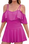 COCOPEAR Women's One Piece Flounce Swimsuit Off Shoulder Bathing Suit Tummy Control Swimdress PLA169 XL/10-12