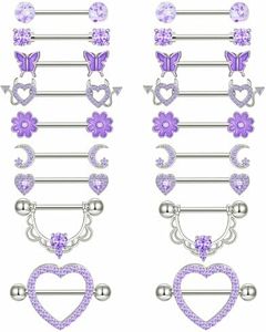 Tornito 9 Pairs Nipple Rings Stainless Steel Heart Butterfly Moon Flower CZ Barbell Tongue Rings Set Cute Nipplerings Piercing Jewelry for Women Purple Tone