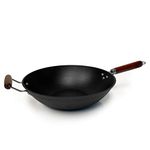 21st & Main Light weight Cast Iron Wok, Stir Fry Pan, Wooden Handle, 14 Inch, chef’s pan, pre-seasoned nonstick, commercial and household, for Chinese Japanese and others Cooking