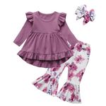 Toddler Baby Girl Clothes Fall Outfits Long Sleeve Top Solid Color Shirt + Flared Pants + Headband 3pcs Outfit Set 3-4T Purple