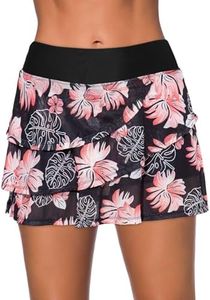 Aleumdr Women's Swim Skirt Swimsuit Bottom with Shorts Waistband Swimdress Ruffle Swim Bottoms Floral Black XX-Large