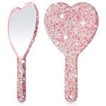 2 Pcs Bling Rhinestone Dazzling Handheld Mirror Adorable Heart Shaped Cosmetic Hand Mirrors with Handle Cute Decorative Handheld Mirror Portable Travel Glitter Makeup Mirror for Women Girls, Pink