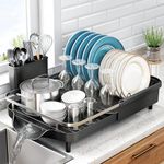 SAYZH Dish Drainer Rack, Expandable Kitchen Drying Rack with Utensil Holder, Dish Drying Rack and Drainboard Set for Kitchen Counter, Black