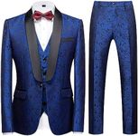 KUDORO Mens Suits Slim Fit 3 Piece Tuxedo Suit Set for Prom Wedding Party Paisley Jacket Vest Pants Homecoming Outfit, Blue, Large