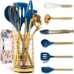 Gold and Navy Blue Kitchen Utensils - 7 Piece Navy Blue Utensils Set Includes Gold Utensil Holder and Gold Kitchen Utensils - Navy Blue Kitchen Accessories, Unique Cooking Gifts