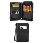 Hiram Cigar Travel Case, Genuine Leather Cigar Humidor Hold 5 Cigars Portable Cigar Box with Cigar Cutter Lighter Pocket, Multifunctional Humidor Bag with Cards Slot, Cellphone Pocket (Black)