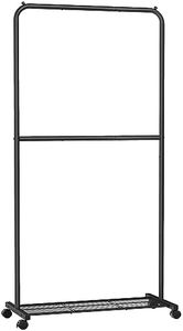 SONGMICS Clothes Rack with Wheels, 35.8 Inch Middle-Rod Garment Rack, Clothing Rack for Hanging Clothes, with Dense Mesh Storage Shelf, 44 lb Load Capacity, 2 Brakes, Steel Frame, Black UHSR027B01