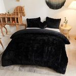 MEGO Luxury Shaggy Plush Duvet Cover Set, Ultra Soft 3 Pieces Fluffy Faux Fur Comforter Cover Set, Fuzzy Bedding Set(1 Furry Duvet Cover + 2 Pillow Shams), Zipper Closure(Queen, Black)