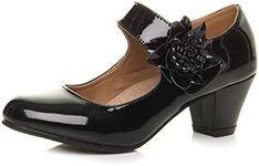 Womens Ladies mid Chunky Heel Mary Jane Flower Padded Comfort Shoes, Black Patent, 6 UK