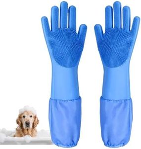 Bryzant Pet Grooming Gloves Extended Heat-Resistant High-Density Comb Silicone Gloves for Bathing Hair Removal and Massage for Dogs and Cats (Blue) ﻿