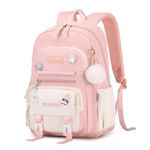 Tanou School Backpacks for Girls, 20 Liters Kawaii Girls School Bag with Pendant, Lightweight Nylon Childrens Backpack for Primary Junior School, Pink