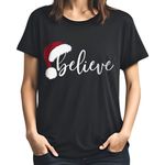 Christmas Believe with Santa Hat T-Shirts for Family Unisex Kids Shirt, Black, Medium