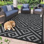 GENIMO 5x8 Outdoor Rug Waterproof, Reversible Mats, Outdoor Area Rug, Plastic Outside Carpet, Geometric Rv Mat for Patio Camping Rv Picnic Backyard Deck Balcony Porch Beach Trailer (Black & Grey)