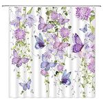 EVRCVAR Flower Butterfly Shower Curtain Purple Floral Watercolor Butterflies Fantasy Lilac Spring Nature Garden Plant Girls Bathroom Decor Fabric Home with Hooks,(70" WX70 H)