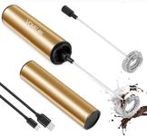 Rechargeable Electric Milk Frother Handheld,2-Speed Travel Frother with Tube Case, Milk Foamer Coffee Frother for Latte, Cappuccino, Drink Mixer with 2 Stainless Whisks and Charger Golden