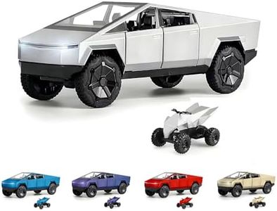 Cybertruck Toy 1/24 Die Casting Cyber Truck with Alloy Motorcycle Diecast Metal Display Model Pickup Truck Toy Race Toy with Sound and Light Effct Gift Age for 6 Year Old and Up (Silver)