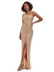 Ever-Pretty Women's Strapless One Shoulder Bodycon Floor Length Sequins Bridesmaid Dresses with Side Slit Champagne 14UK