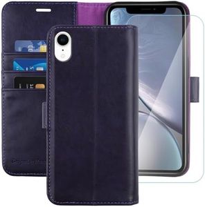 MONASAY Wallet Case Compatible for iPhone XR, 6.1-inch, [Glass Screen Protector Included] [RFID Blocking] Flip Folio Leather Cell Phone Cover with Credit Card Holder, Purple