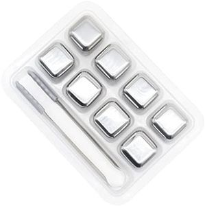 ValueHall Whiskey Stones 8PCS Stainless Steel Ice Cubes Reusable Metal Ice Cube Whiskey Rocks Chilling Stones with Free Tongs and Ice Freezer Storage Tray for Whiskey Wine Beer V4C07