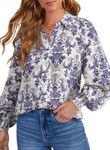 Dokotoo Women's Tops Long Sleeve V Neck Allover Floral Print Chiffon Button Down Shirt Womens Blouses Bohemian Ladies Top Casual Women Shirts Blue UK XL