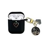 AIIEKZ Compatible with AirPods Case Cover, Soft Silicone Case with Gold Heart Pattern for AirPods 2&1 Generation Case with Pendant Keychain for Girls Women (Black)