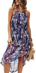 ECOWISH Womens Casual Halter Dress High Low Sleeveless Floral Long Maxi Chiffon Sundress 169 Navy Blue Small