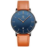 Watch, Mens and Womens Watch, Minimalist Fashion Simple Wrist Watch Analog Date with Leather Strap Orange Blue