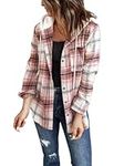 LACOZY Womens Button Down Checked Shirts Oversized Boyfriend Long Sleeve Hooded Flannel Shirt Pink M