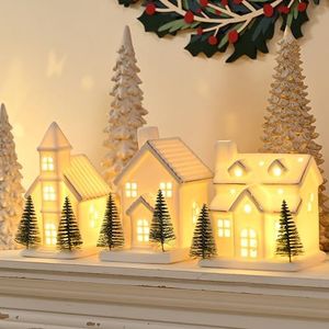 AOMOONOA Ceramic White Christmas Village Houses, 3Pcs Light Up Small Porcelain Village House with 6Pcs Christmas Trees, LED Lighted Tabletop House Figurines for Home Decor, Winter Holiday DIY, Gift