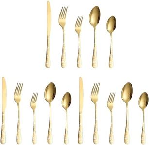 KitchAntique Aurum Gold Silverware Set | Satin Finish 15-Piece Flatware Set with Unique Floral Printed Handle | Dishwasher Safe Stainless Steel Cutlery for Home, Restaurant & Gifting