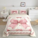 Manfei Pink Bowknot Comforter Set,Vintage Lace Polka Dots European Princess Bedding Set for Teens Young Room,Fairy Tale Cute Bow-tie Roses Retro Beige Duvet Insert 3 Pcs with 2 Pillowcases,Full