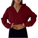 Hoodies for Women UK Zip Up Hoodie Women UK Cropped Sweatshirts Long Sleeve Pullover Solid Color Sports Gym Running Crop Tops Jacket Sportswear Streetwear Trendy Y2K Loose Ladies Blouses Red