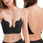 ZUKULIFE Women's Low Back Bras with Clear Straps Deep V Push Up Plunge Bra Low Cut Multiway Convertible Bra Add Cup, Black, 34B