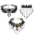 Flongo Punk Lace Choker Necklace Set for Women Girls Black 33cm 3pcs, Stainless steel, leather, metal, alloy steel