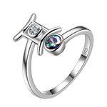 Aurora Tears Gemini Ring Zodiac Adjustable Rings 925 Sterling Sliver Mystic Rainbow Topaz Constellation Open Ring Horoscope Jewellery Gift for Women and Girls DR0087G