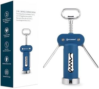 KITCHENDAO Luxury 3 in 1 Wine Opener with Foil Cutter, Beer Bottle Opener, Sturdy Zinc Alloy Wing Corkscrew with Self-centering Non-stick Sharp Screw, Easy to Remove Cork, Manual Corkscrew (Blue)