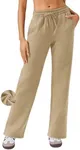 PINSPARK Women Comfy Fleece Sweatpants Wide LGE High Rise Workout Pants with 4 Pockets Full Length Thick Sweat Pant Mojave Tan Regular M