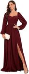 HTBVGO Long Burgundy Bridesmaid Dress with Slit Chiffon Pleated Long Sleeve Evening Gown Prom Dress for Women Size 12