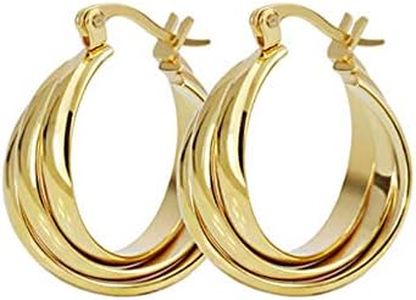 NewZenro Three Hoops Flat Stainless Steel 14K Yellow Gold Fashion Wide Chunky Hoop Earrings for Women Sensitive Ears Dainty Thick Huggie Hoops Piercing Click Top Hypoallergenic Sensitive Ear Delicate Jewerly Gifts for Birthday Bff