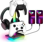 XIULIUU RGB Headphone Stand, 3-in-1 PC Gaming Controller Holder Headphones Hanger with 10 Light Mode, 2 USB Charging Port, Headphone Stand Under Desk, Universal Headset Controllers Hook