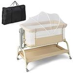 COSTWAY 4-in-1 Baby Bedside Crib, Heights Adjustable Rocking Bassinet with Mattress, Detachable Net, Storage Basket, Lockable Wheels and Travel Bag, Newborn Cradle Bed for Birth to 9kg (Beige)