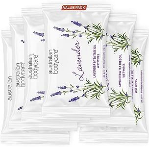 Salviette umidificate alla Lavanda e Olio di Tea Tree - 144 salviette (6 confezioni) | Detergente per sudore e trucco | Idratanti e rinfrescanti | Igiene per chi è in movimento | Biodegradabili