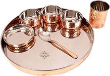 Indian Art Villa Steel Copper Hammered Design 7 Pieces Dinner Set/Thali Set of 1 Thali, 1 Glass, 1 Spoon, 1 Small Plate & 3 Bowls, Dinnerware, Tableware Or Crockery