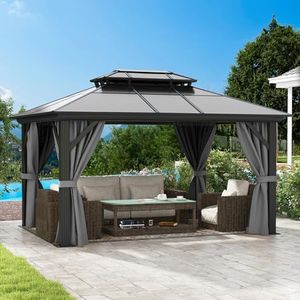 DWVO 10x12ft Hardtop Gazebo Double Roof Polycarbonate Canopy Outdoor with Netting and Shaded Curtains, Aluminum Frame Garden Tent for Patio, Backyard, Deck and Lawns, Gray