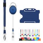 Retractable Lanyard and Badge Holder Trio Triple Pack by LanyardsTomorrow - Set Includes A Single Plain Lanyard, Extendable Carabiner Yoyo Reel Clip and Rigid ID Card Holder (Navy)