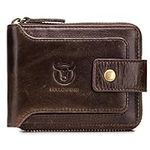 BULLCAPTAIN Genuine Leather RFID Wallet for Men Large Capacity ID Window Card Case with Zip Coin Pocket QB-231, Coffee, Small, Minimalist