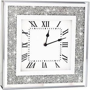DMDFIRST Crystal Crush Diamond Mirrored Square Wall Clock with Sparkle Twinkle, 16x16 inch Decorative Silver Mirror Quartz Clock for Home Decor. AA Battery not Included, Bling Silver
